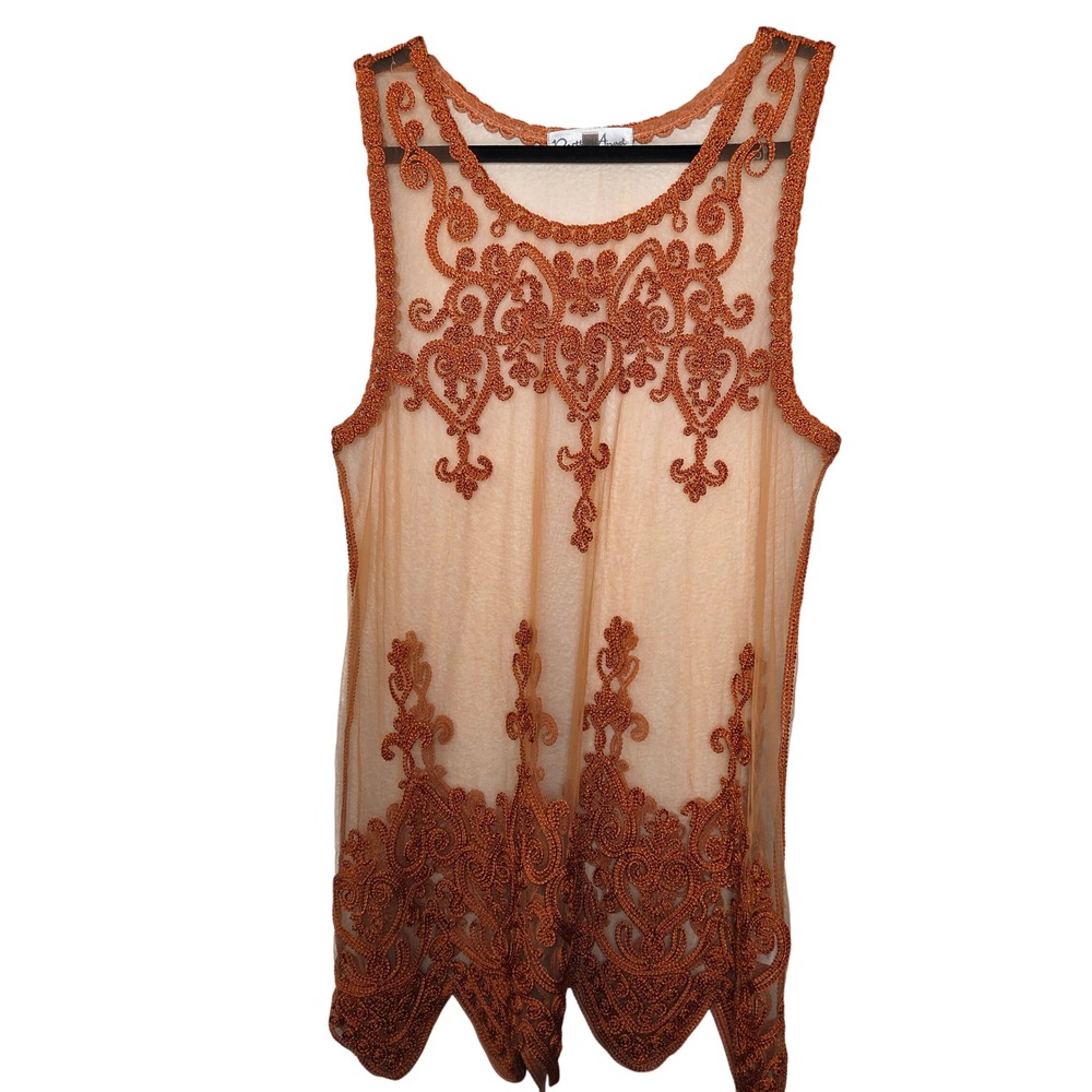 Pretty Angels Silk Sheer Embroidered Boho Top Scalloped‎ Hem L